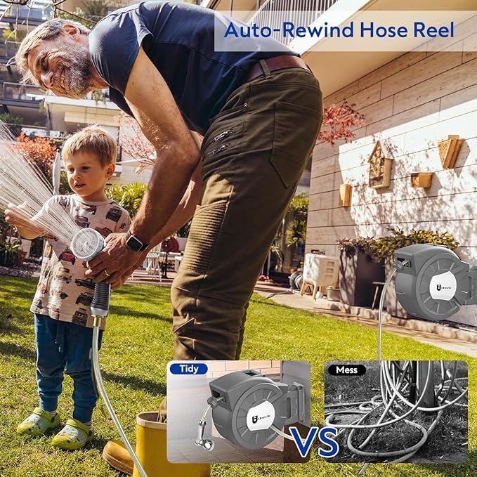 Retractable Garden Hose Reel, 1/2 in x 125 ft Wall Mounted Hose Reel, 10-Pattern Spray Nozzle, Any Length Lock/Slow Return System/Wall Mounted/180°Swivel Bracket
