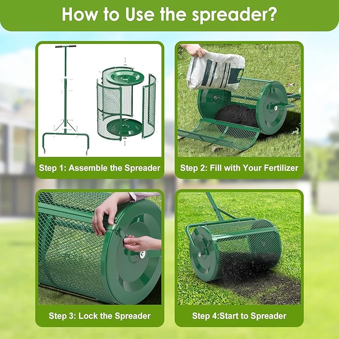 Seeutek Compost Spreader - 24" Peat Moss Spreader with 3 Heights, Top Soil Spreader W/Upgraded Side Latches Support Rod Powder Coated Metal Mesh Top Dressing Spreader for Lawn, 2 Way Uses-Push or Tow
