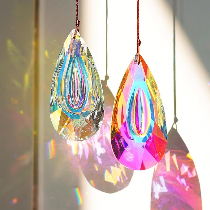 HDCRYSTALGIFTS Set 2,89mm/3.5in Crystals Prisms Suncatcher for Window Hanging Indoor Chandelier Parts Rainbow Maker for Home Garden Decor (AB Colored)