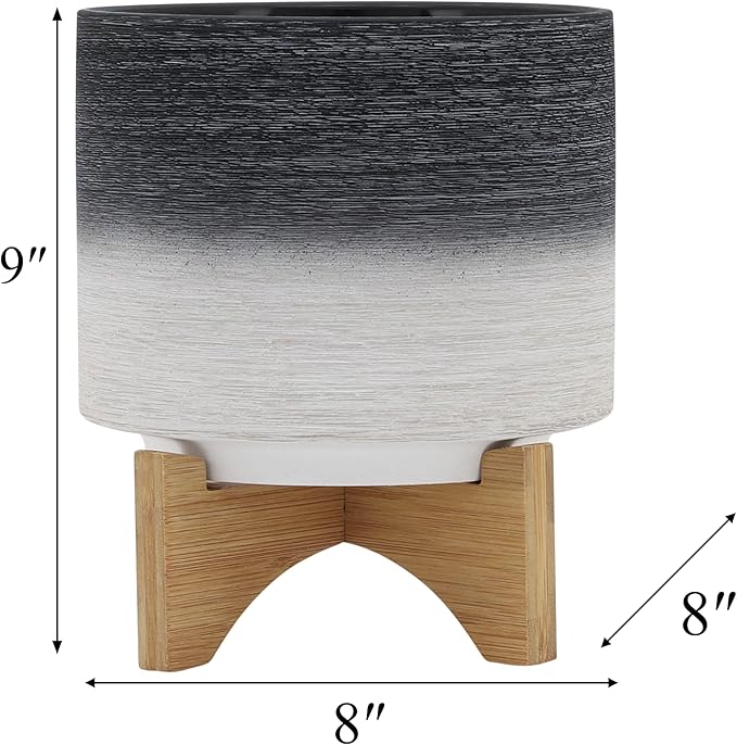 Sagebook Home 8" Planter on Stand - Ceramic Planter on Wooden Base - Contemporary Gray and White Textured Design Indoor or Outdoor Plant Stand Decor