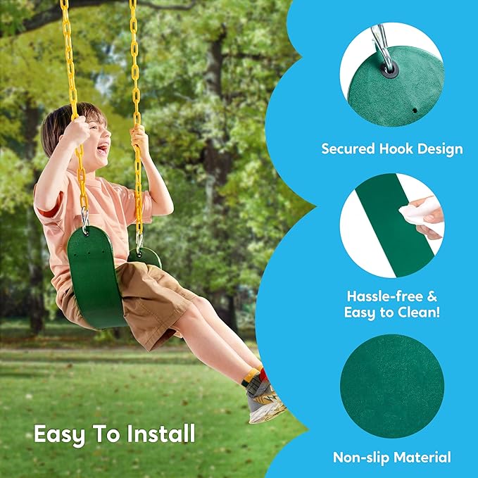 TURFEE 3 Pack Assorted Swing Set, Including 1 Gym Rings Trapeze Bar and 2 Pcs Swings with Plastic Coated Chain, Swingset Accessories Replacement for Kids Outdoor Play, Playground- Green