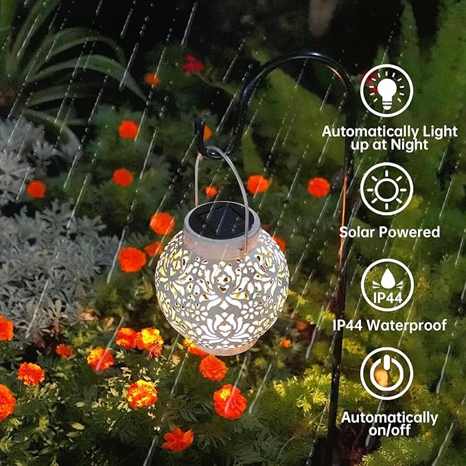 Set of 2 Outdoor Solar Hanging Lantern Lights Metal LED Decorative Lamp for Garden Patio Courtyard Lawn and Table with Hollowed-Out Design (White)