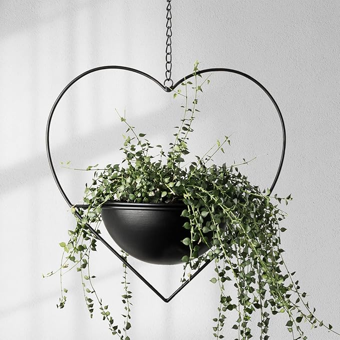 Hajia 1 Pack Heart Shaped Hanging Plant Holder with 7.5inch Detachable Pot, Black Metal Modern Hanging Planter for Indoor Outdoor, Minimalist Wall Ceiling Plant Hanger for Home Wedding Decor