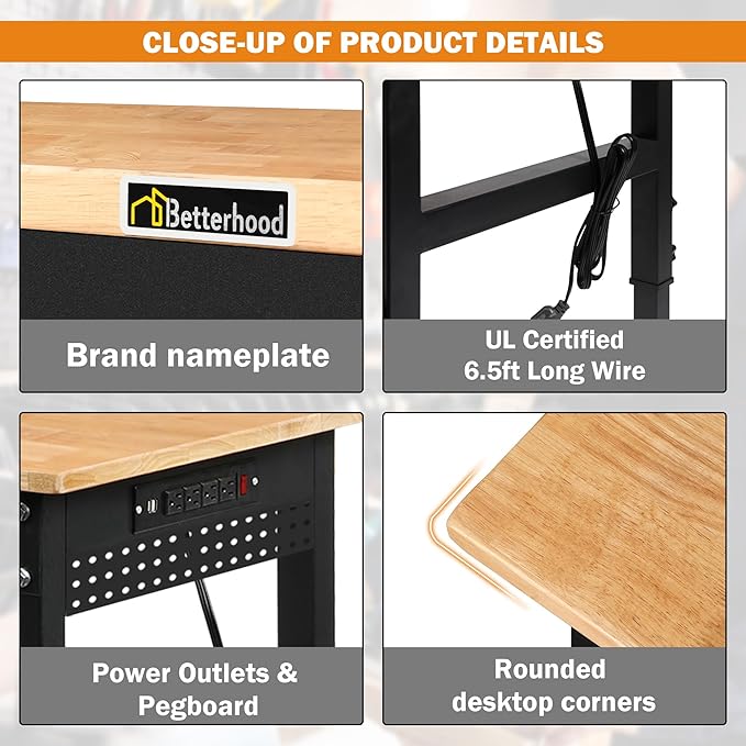 70" Adjustable Height Workbench, 2000 LBS Heavy Duty Work Table with Power Outlets & Pegboard, Rubber Wood Workstation for Garage, Workshop, Office, Home, Commercial