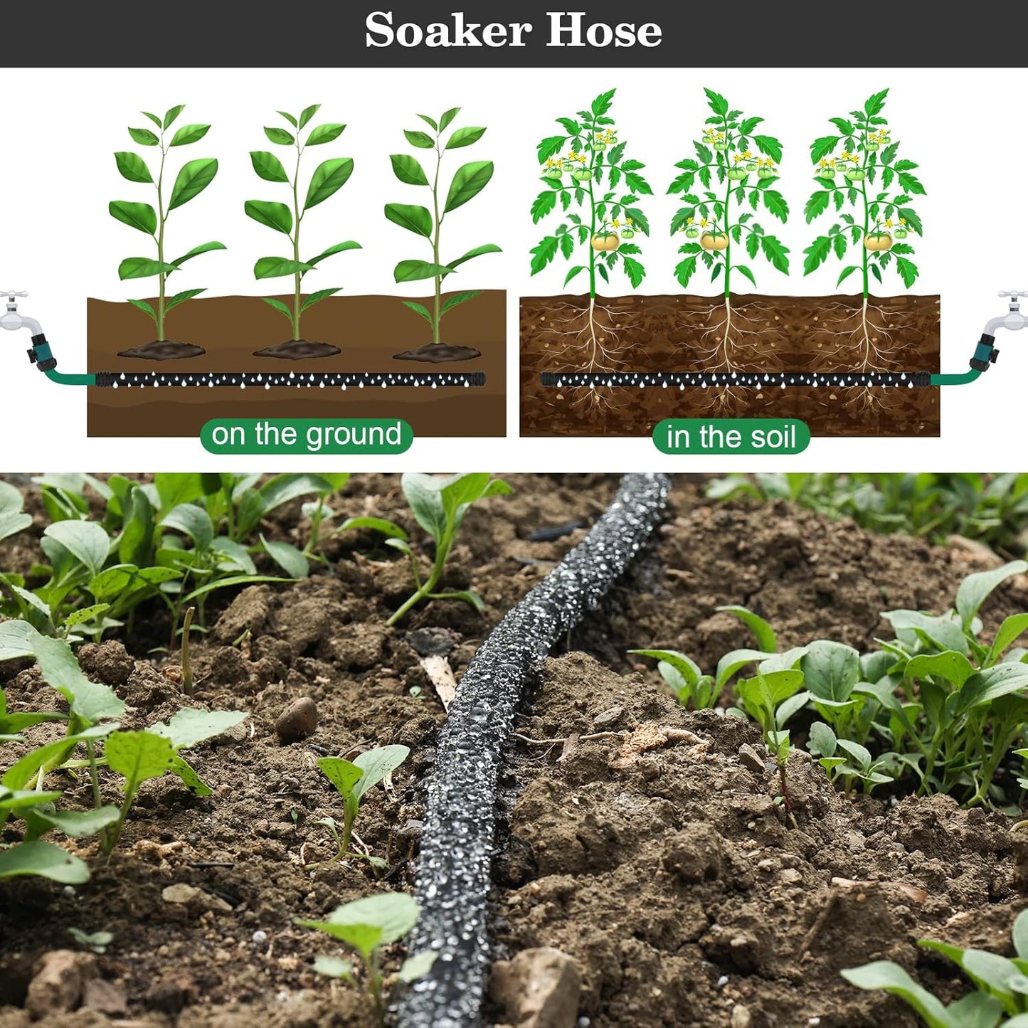 Soaker Hose 150 FT Pro for Garden Beds 1/2 Inch Rubber Longer Lasting Drip Irrigation Save 70% of Water Various Accessories Great for Lawn and Yard