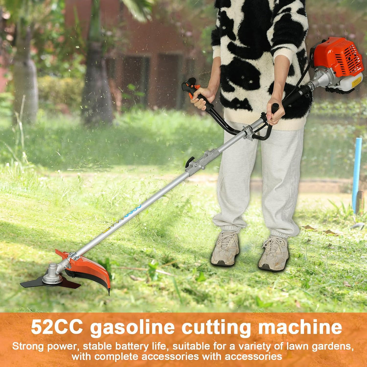 52cc 2-Stroke Gas Weed Wacker with 1.2L Fuel Tank, 2.2KW/8500RPM Weed Eater with Multi Accessories and Sharp Blade, Grass Trimmer for Villa, Garden, Community, Lawn, Park (Red 2)