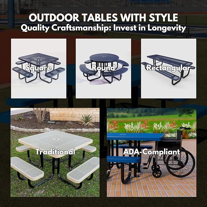 Coated Outdoor Furniture Heavy-Duty Portable ADA-Compliant Outdoor Picnic Table, Punched Steel Patio Dining Furniture Made in America (8ft Rectangular, One-Side Handicap, Textured Brown)