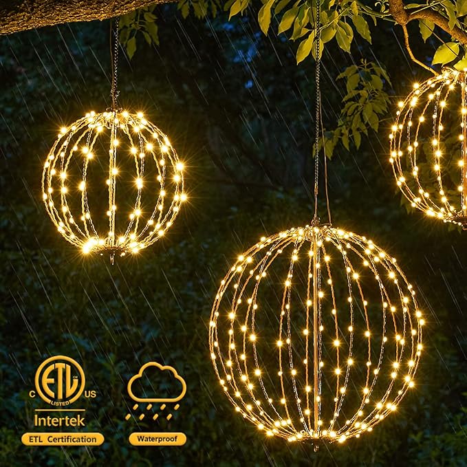 Christmas Ball Light Sphere, 16IN 128LED Hanging Tree Light and Pathway Lights with Hook and Stake, Foldable Metal Frame Light Ball for Outdoor Garden, UL Listed, White Frame, Warm White