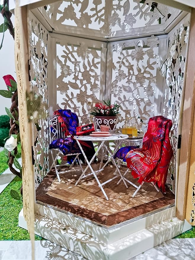 Dollhouse Miniature Bistro Table & Chairs Set Accessories Metal 1:12 Scale Miniatures White Coffee/Tea Furniture Fairy Garden Cute Rustic Elegant Decorations Ornaments (C)