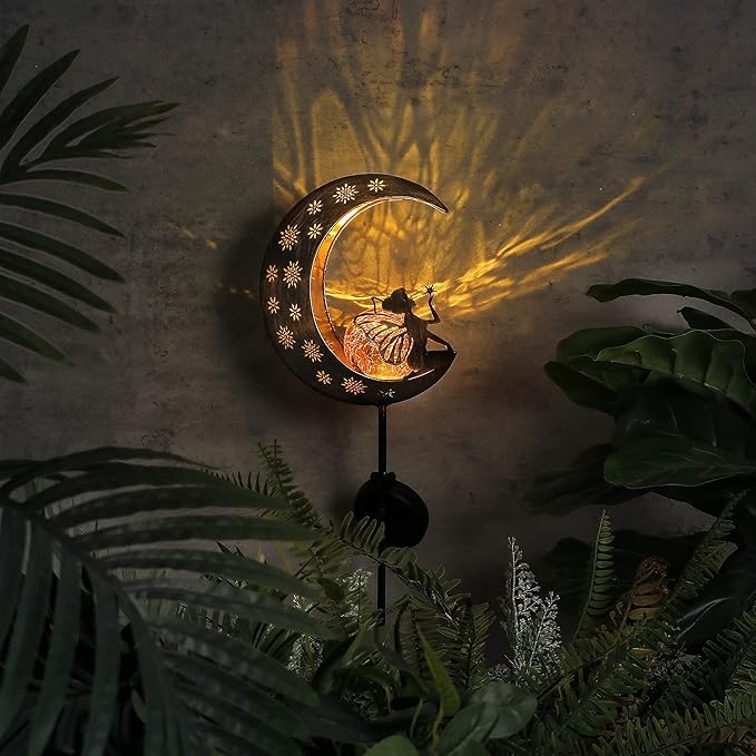 TERESA'S COLLECTIONS 2pcs Fairy Moon Lights Solar for Garden Decor Outside, Metal Yard Art Lawn Ornaments with Crackle Glass Ball, Angel Decorative Stake for Patio Porch Decor, Gifts for Grandma Mom