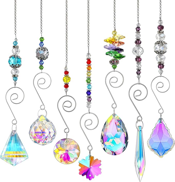 7PCS Crystal SunCatchers Hanging Sun Catcher with Colorful Beads Prism Chain Pendant Christmas Ornament, Window Home Wall Tree Cars Hanging Decoration