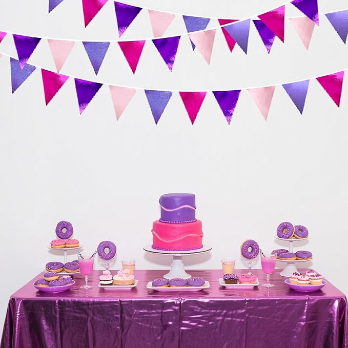 Pink and Purple Party Decorations Metallic Hot Pink Lavender Fabric Triangle Pennant Banner Flag Bunting Garland for Girls Women Birthday Wedding Baby Shower Bachelorette Engagement Party Supplies