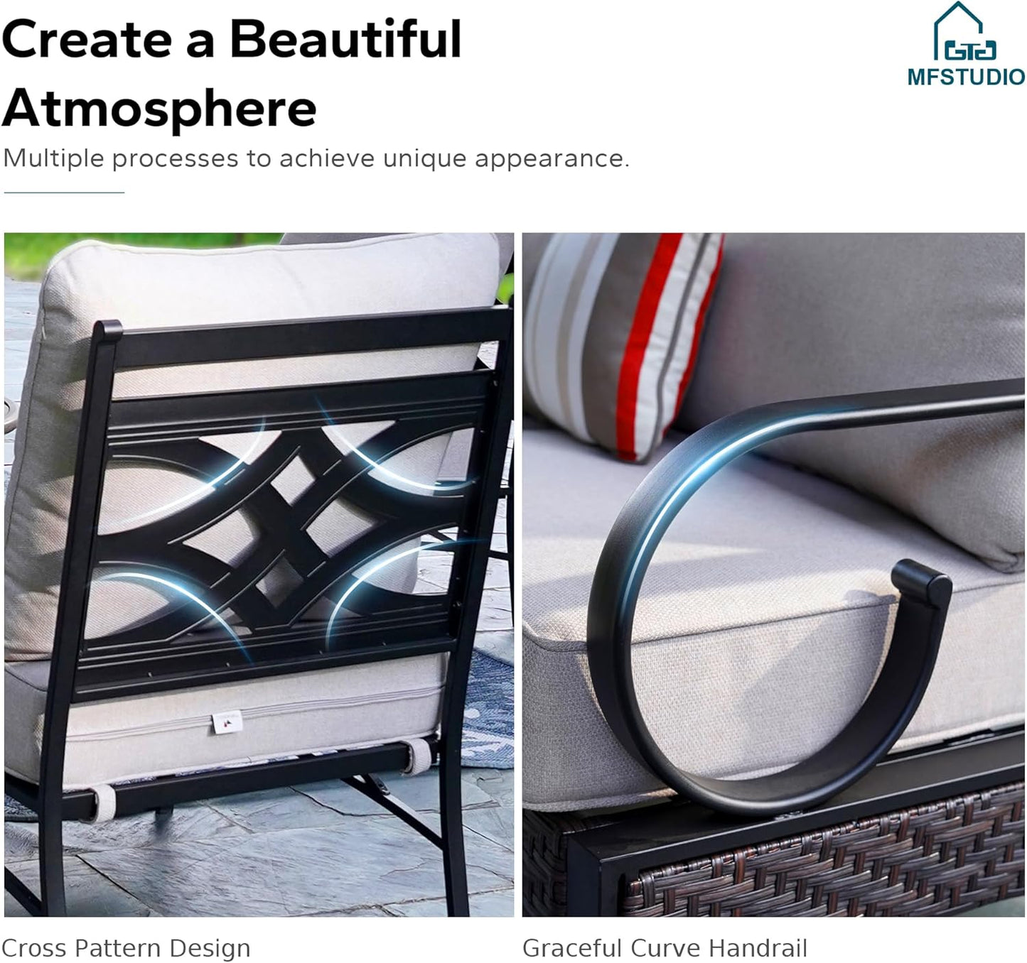 MFSTUDIO Patio Furniture Set, 8 Seats Half-Moon Curved Outdoor Sectional Sofa Conversation Set, Woven Rattan Patio Couch with 2 Wood-Like Round Coffee Table