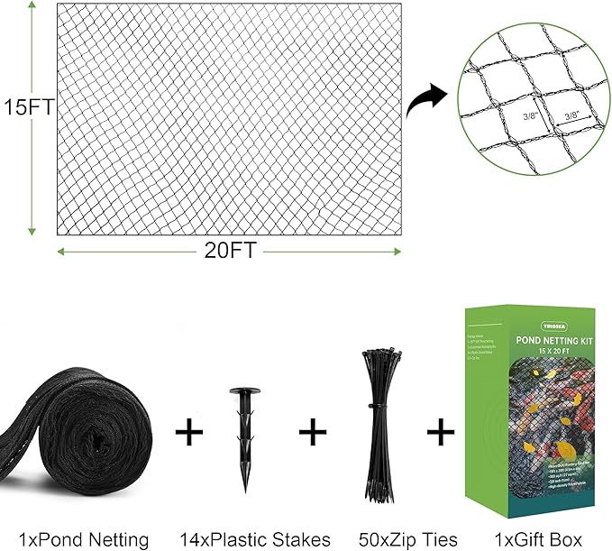 Pond Netting, Pond Netting for Koi Ponds 15 x 20 FT Pond Net, Heavy Duty Woven Fine Mesh Pond Garden Pool Netting Kit for Leaves to Catch Leaves and Debris, Protects Koi Fish from Birds Cats Predators