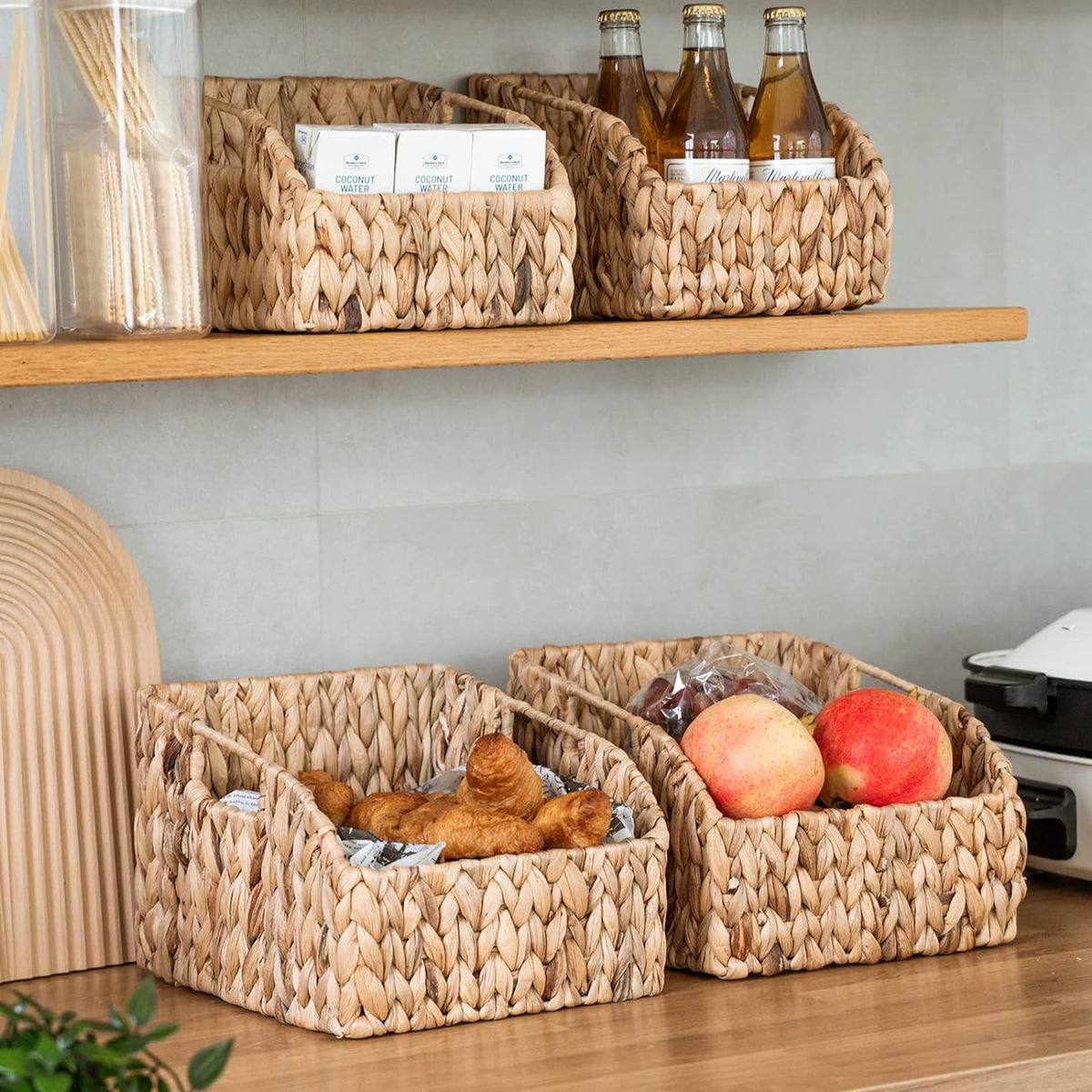 FairyHaus Wicker Baskets 2 Pack, Natural Large Wicker Baskets for Storage, Nesting Hand-woven Water Hyacinth Wicker Baskets for Organizing with Built-in Handles, 9"L x 11"W x 7"H