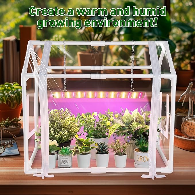 Meonum Mini Greenhouse with Grow Light for Indoor, 23.6 x15.7 x19.6 Tabletop Small Greenhouse Kit with 15W Plant Dimmable LED Grow Lights and Timer, 3 Light Color Mode for Seed Starter Tray