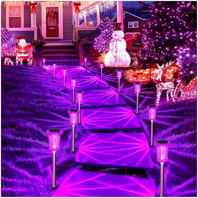 DenicMic Solar Lights Outdoor Pathway Lights LED Waterproof Acrylic Lamp Head Stainless Steel Stake for Yard Garden Landscape Path Walkway Driveway Patio Lawn (Purple 15Pack)