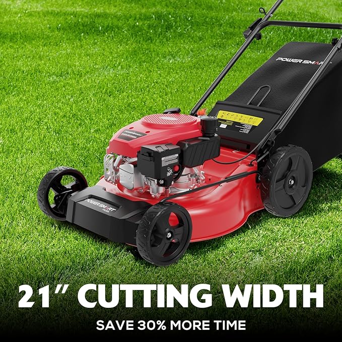 PowerSmart 21-inch Gas Push Lawn Mower, 144cc 4-Stroke Engine with Easy Adjustable Cutting Height, High Wheels, 2-in-1 with Mulch, Bag