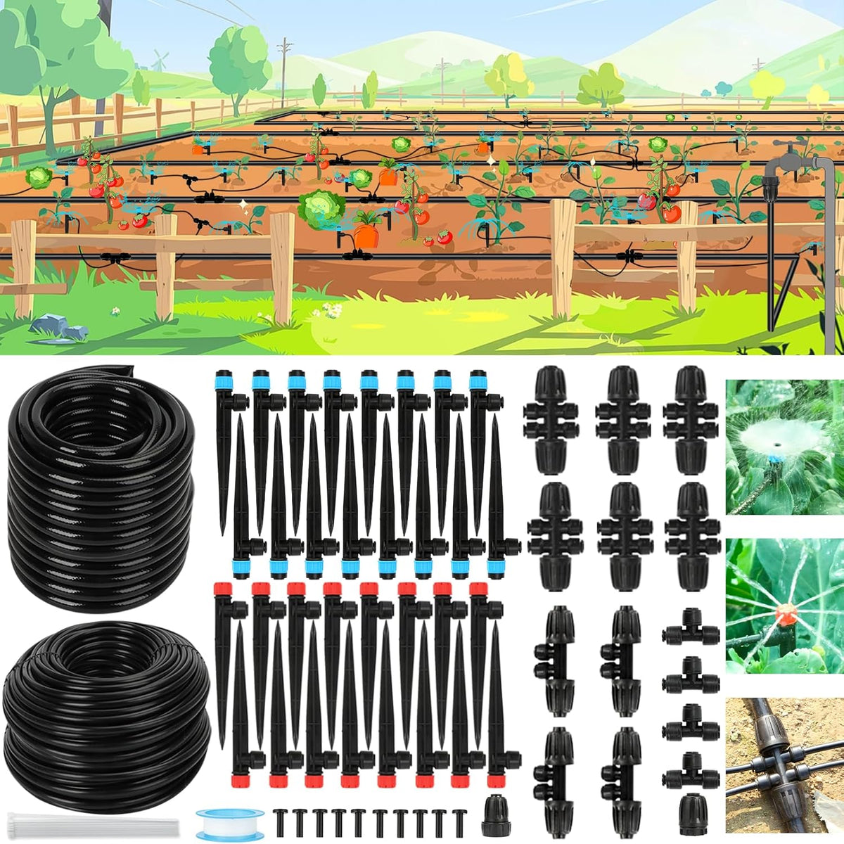 Drip Irrigation System Kit – 2025 New Quick-Connect Automatic Watering & Misting System with 48FT 1/2" Tubing, Large Coverage & Water-Saving for Greenhouses, Lawns, Gardens, Raised Beds