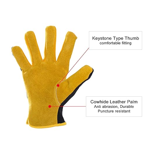 HLDD HANDLANDY Garden Gloves Men, Leather Work Gloves for Men & Women, Cowhide Gardening Gloves Utility Work Gloves for Mechanics, Construction, Driver (S, Yellow)
