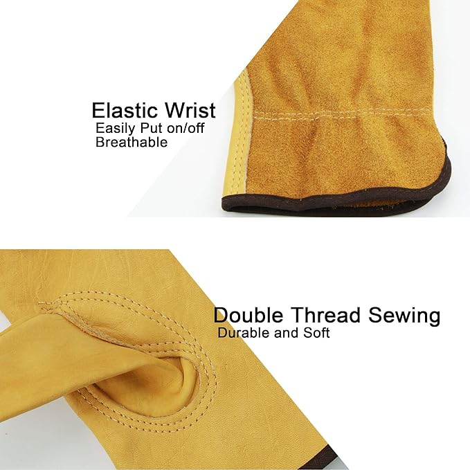 OZERO 5 Pairs Leather Work Gloves Flex Grip Tough Cowhide Gardening Glove for Wood Cutting/Construction/Truck Driving/Garden/Yard Working for Men and Women (Gold,Small)