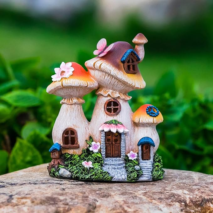 Solar Garden Statue Lights Mushroom Fairy House Figurine, Outdoor Memorial Garden Ornaments Waterproof Decoration for Outside Patio Yard Lawn Decor