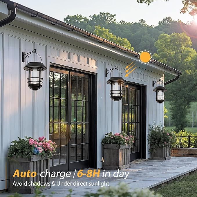 Otdair Solar Wall Lantern Outdoor, Flickering Flames Solar Sconce Lights Outdoor, Hanging Solar Lamps Wall Mount for Front Porch, Patio and Yard, 4 Pack