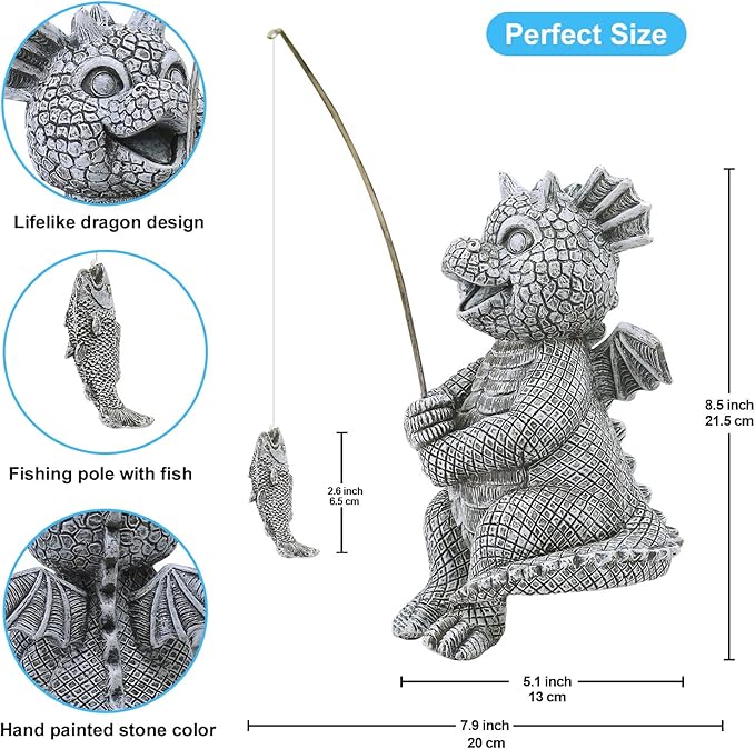 Goodeco Dragon Statue Garden Decor - Adorable Baby Fishing Dragon Figurines Outdoor Statues for Koi Pond/Fairy Garden Accessories,Gardening Gifts for Women 5.1 * 8.5 in