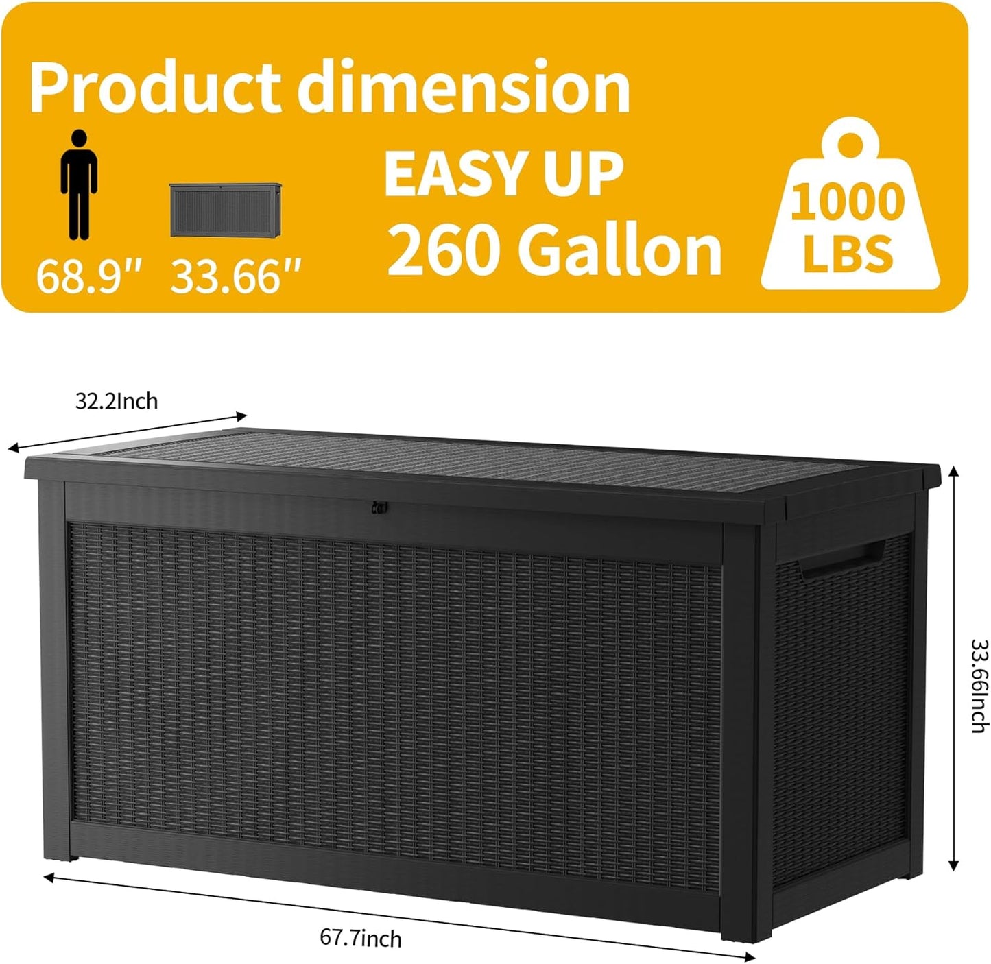 320 Gallon Waterproof Large Resin Deck Box Indoor/Outdoor Lockable Storage Container and Seating for Garden, Pool, and Patio (320 Gallon, Black)