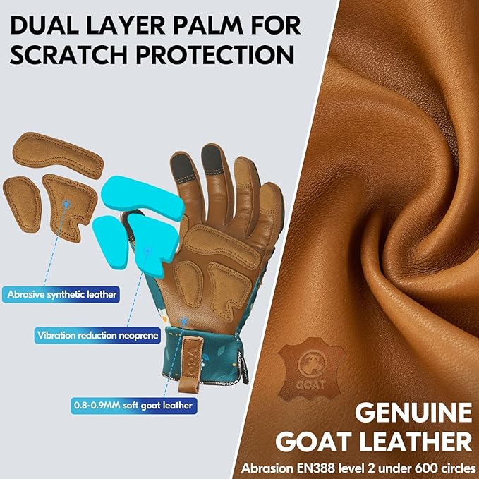 Vgo... 1Pair Gardening Gloves for Women, Goatskin leather Thorn Proof Working Gloves for Weeding, Digging, Raking, Pruning and Planting,Touchscreen (M,Dark Green,GA7471)