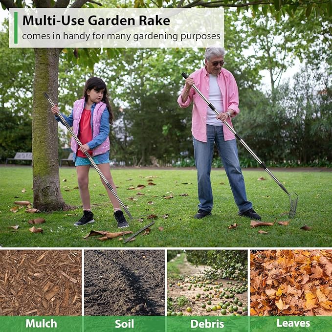 Garden Rake, 6 FT Bow Rakes for Lawns Heavy Duty, Yard Metal Rake with Adjustable Long Handle, 14 Tines Head, Gardening Tool for Loosen Soil, Gather Leaves, Level Mulch, Remove Debris