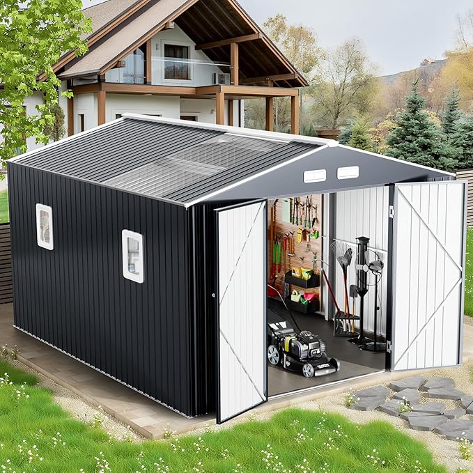 12x10 FT Metal Sheds & Outdoor Storage: Heavy Duty Garden Sheds with Dual Transparent Panels, DIY-installable Windows & Lockable Doors, Weatherproof Tool Shed for Backyard, Garden, Patio, Grey