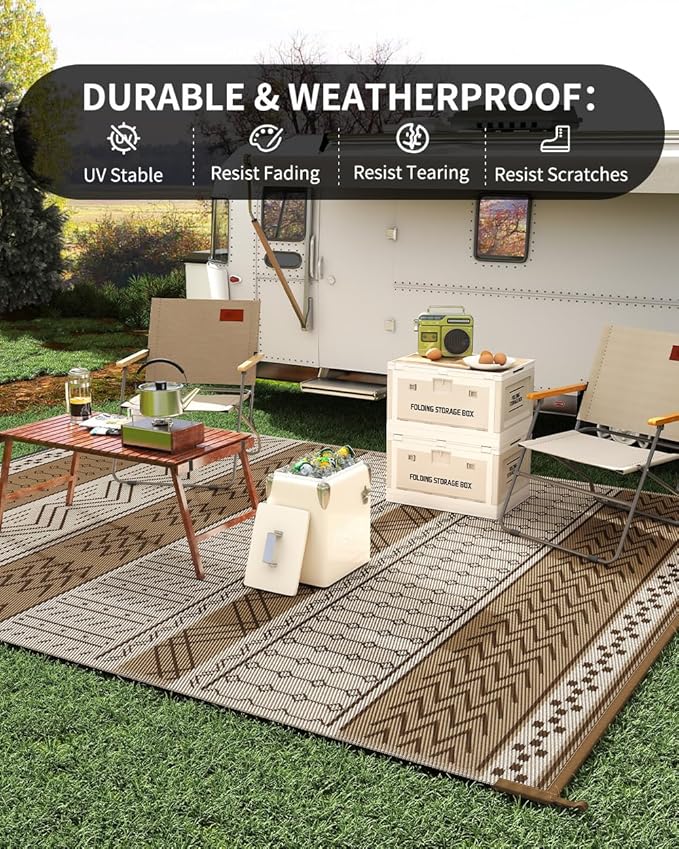 Outdoor Rug Carpet Waterproof 8x10 ft Patio Rug Mat Indoor Outdoor Area Rug for RV Camping Picnic Reversible Lightweight Plastic Straw Outside Rug for Patio Decor Decoration Boho Rug Brown Beige