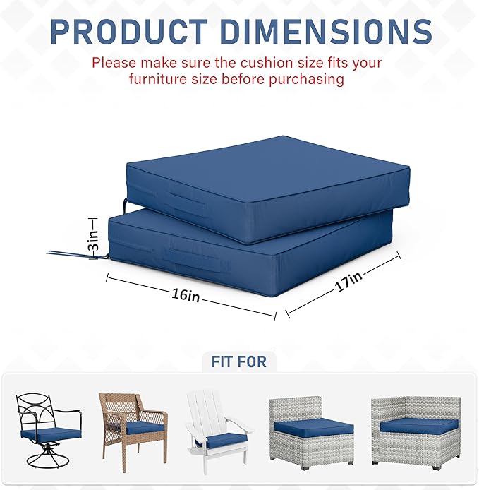 Patio Chair Cushions 17 X 16 X 3 Inch Waterproof Outdoor Seat Cushions for Patio Furniture, Outdoor Sofa Couch Pads with Ties & Handle, Set of 2, Blue
