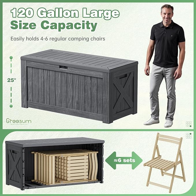 Greesum 120 Gallon Outdoor Storage Box with Lock - Large Resin Deck Box, Reinforced Lid for Garden, Patio, Lawn, Gray