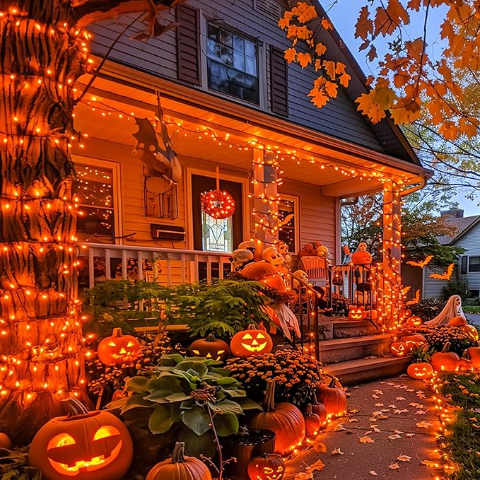 JMEXSUSS 2 Pack Orange Solar Halloween Lights, Total 400 LED 151FT Solar String Lights Outdoor Waterproof, 8 Modes Halloween Lights for Outside Tree Patio Yard Garden Halloween Decorations