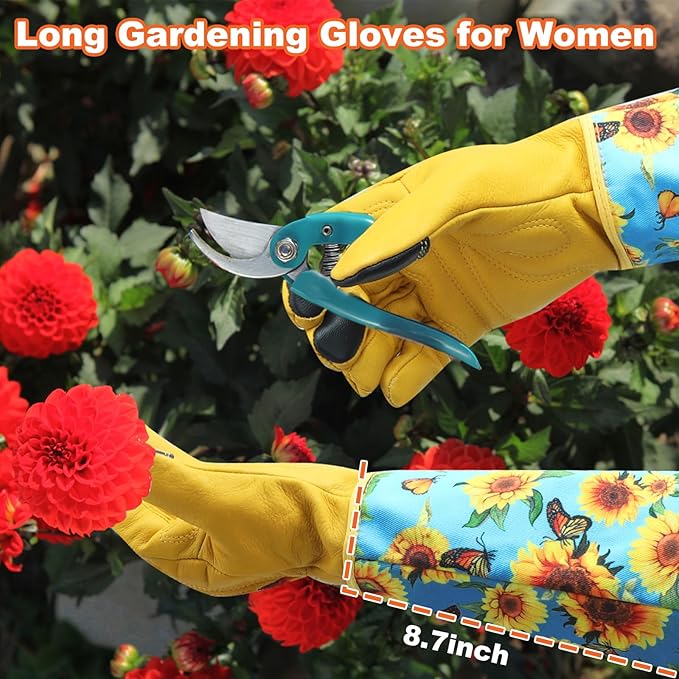 DLY Gardening Gloves for Women, Rose Gloves Gardening Thorn Proof, Long Garden Gloves for Women, Breathable Cowhide Leather Gauntlet (X-Large, Blue)