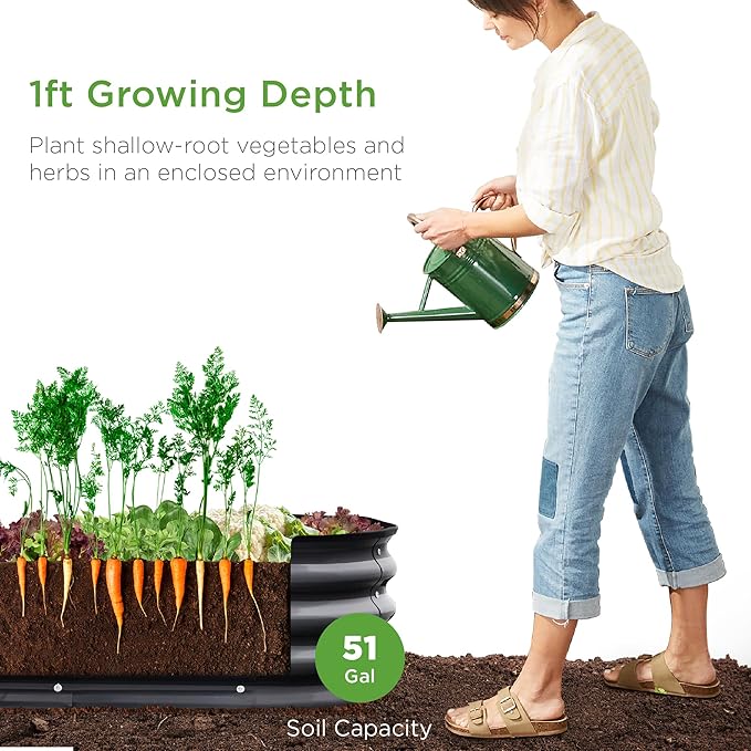 Best Choice Products 4x2x1ft Outdoor Metal Raised Garden Bed, Oval Deep Root Planter Box for Vegetables, Flowers, Herbs, and Succulents w/ 51 Gallon Capacity, Rubber Edge Guard - Charcoal
