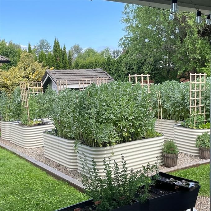 Vego garden 32" Extra Tall Raised Garden Bed Kits, 10 in 1 Modular Raised Planter Box for Vegetables Flowers Fruits Oval Metal Raised Garden Bed- Pearl White