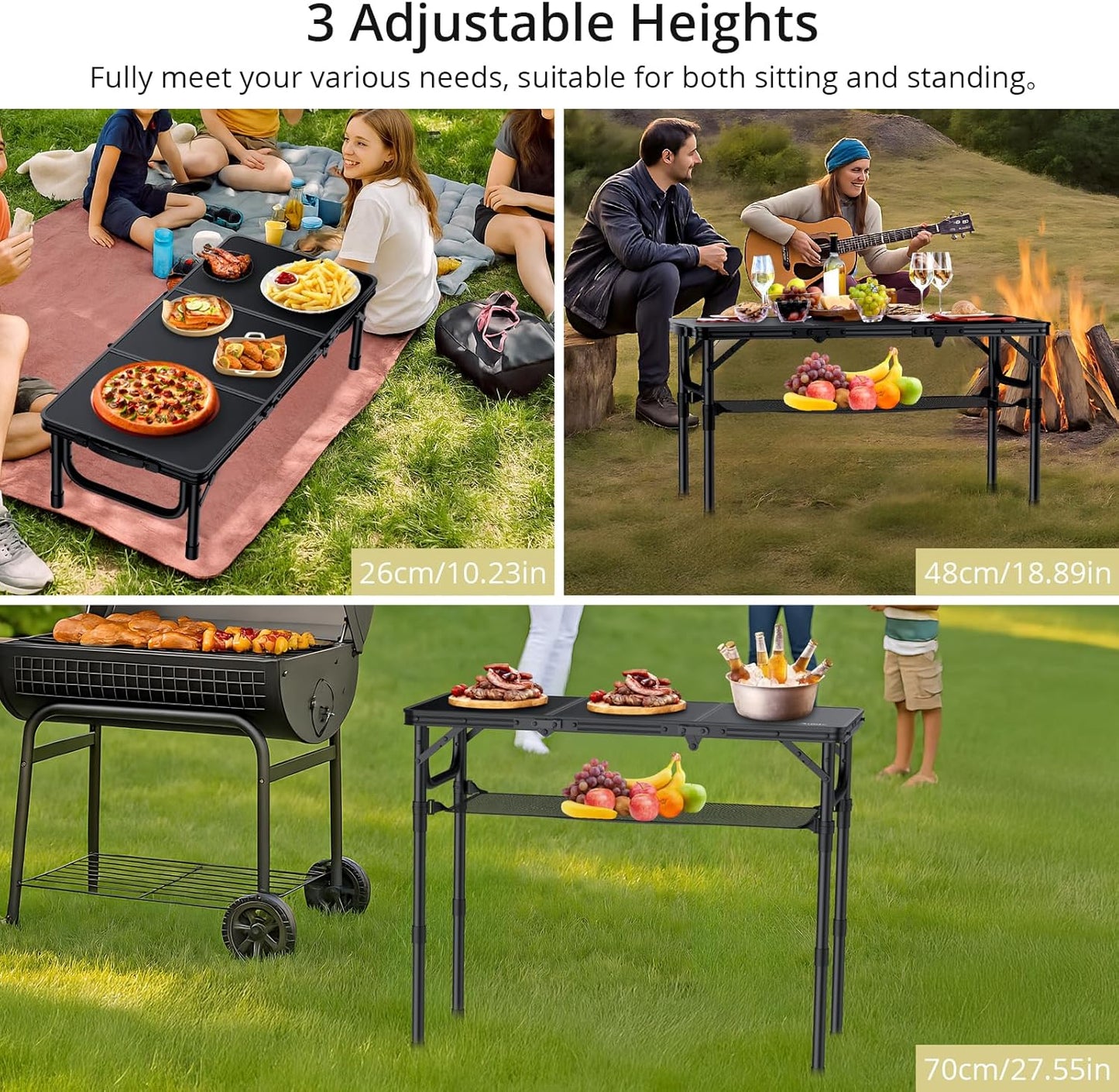 Folding Camping Table with Storage Net, 3ft Camping Table Aluminum Folding Table with 3 Adjustable Height Max 27.5 Inch Picnic Table Portable Table for Outdoor Backyard BBQ, Pure Black