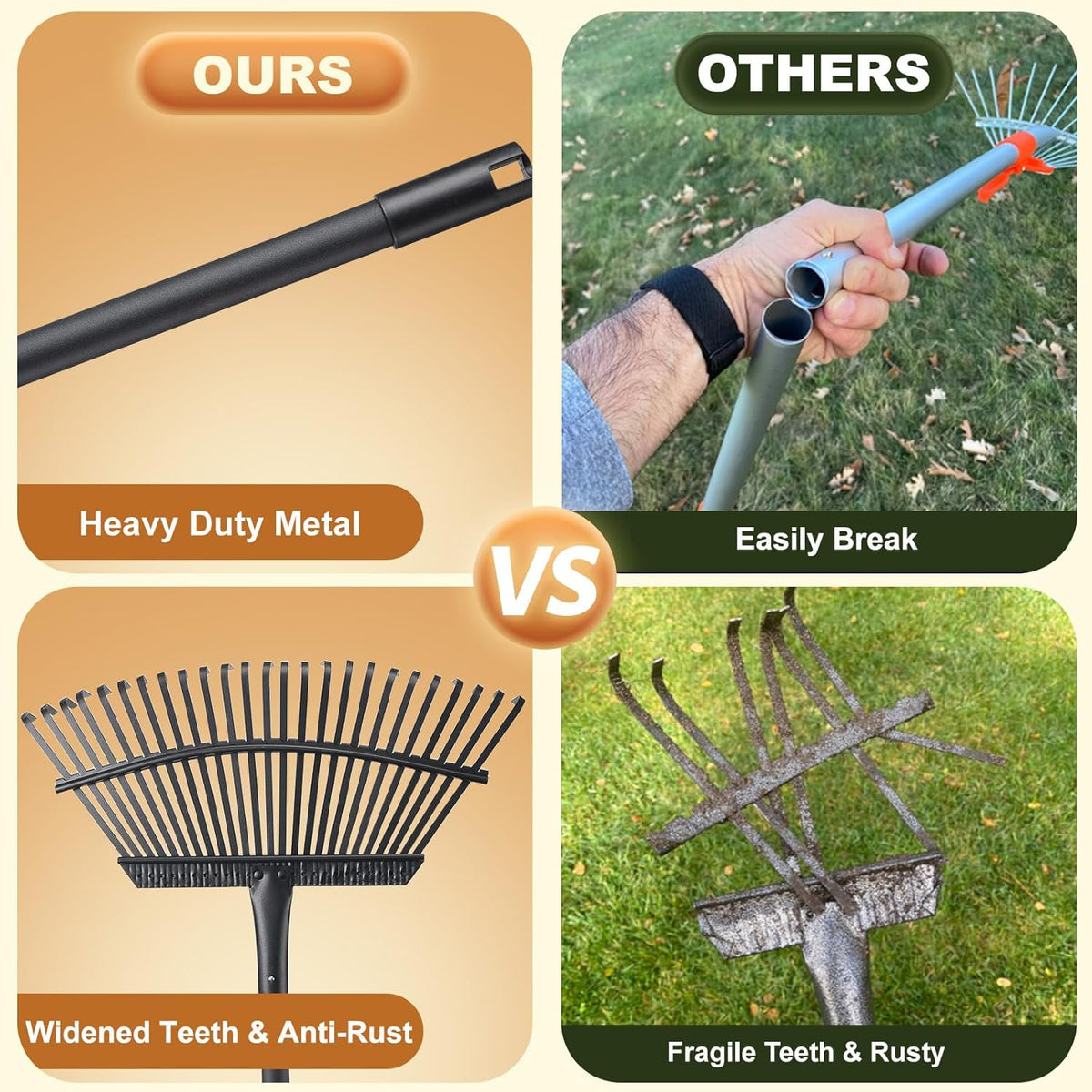 Rake with Leaf Scoops Garden Leaf 25 Tines Lawn Leveling Tool, Heavy Duty 64.1 Inch Adjustable Handle Metal Rake for Picking Leaves Grass Garbage, Black