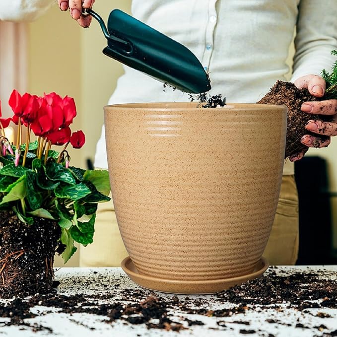 Ceramic Plant Pot 12 Inch - Large Planter for Indoor Plants Outdoor Flower Pot with Drainage Hole and Saucer Round Decorative Planter for Home Patio Garden Balcony Yellow