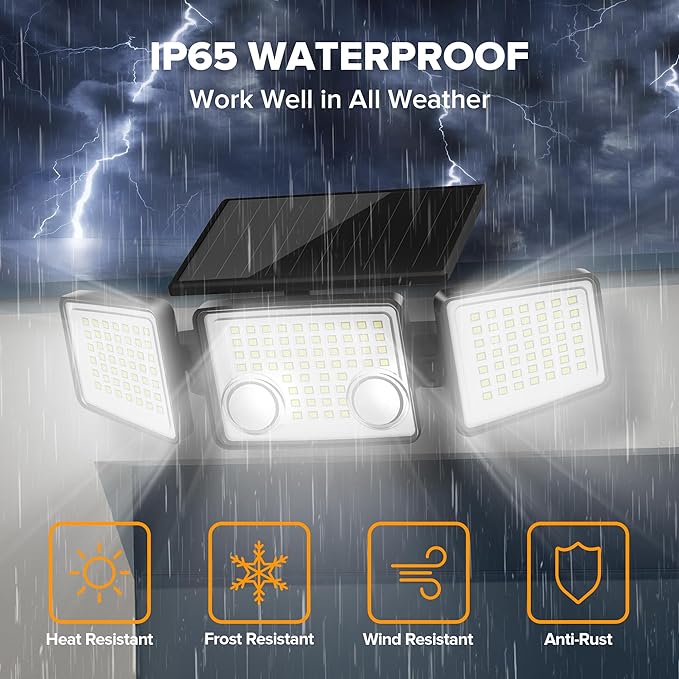 UME Solar Outdoor Lights 3000 Lumen 7000K, 152 LED Super Bright Motion Sensor Outdoor Lights with 2 Sensors, IP65 Waterproof 270 Wide Angle Solar Flood Lights with 3 Modes for Garden - 4 Pack