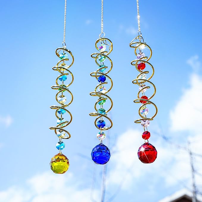 H&D HYALINE & DORA Glass Gazing Ball Spiral Tail Decorative Sun Catcher,17.7in Rainbow Maker Double-Spiral W/Yellow Crystal Ball Prism Sun Catcher for Indoor Outdoor Garden Decoration