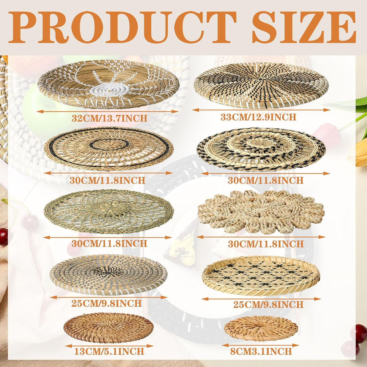 Tatuo 11 Pcs Boho Wall Basket Decor Decorative Bulrush Woven Basket Wall Decor Art Round Farmhouse Hanging Baskets for Kitchen Rustic Home Summer Decorations, Multi Sizes(Vivid)