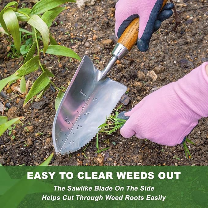 Haliaeetus Garden Trowel with Serrated Edge, 4'' Depth Marks Planting Shovel, V-Shaped Sharp Edge Garden Tool, Stainless Steel with Comfortable Wood Handle for Planting and Weeding