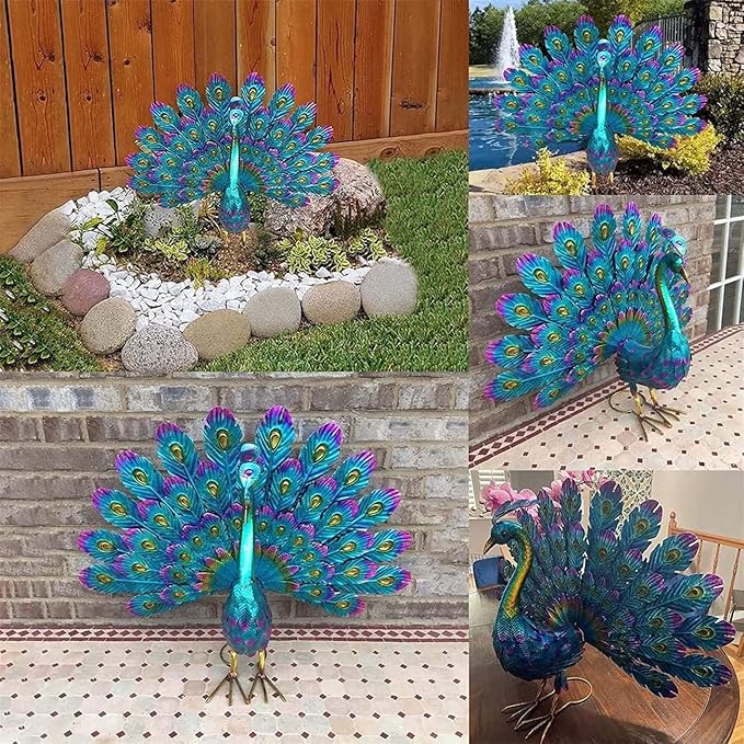 Beautiful Peacock Statue Ornament,2025 New Metal Peacock Outdoor Statue Peacock Statue Garden Decor, Realistic Metal Peacock Lawn Decoration Outdoor Sculpture Easy DIY Assembly Peacock