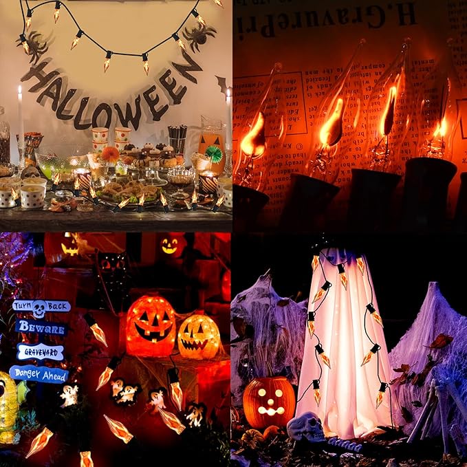 27.8Ft Halloween Decorations Flickering Flame String Lights with 29 Pack Clear Glass Flame Light Bulbs (4 Spare), E12 Base, Great for Christmas Halloween Indoor Outdoor Home Party Decor, Black Wire