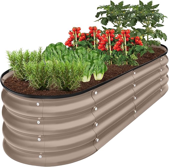 Best Choice Products 4x2x1ft Outdoor Metal Raised Garden Bed, Oval Deep Root Planter Box for Vegetables, Flowers, Herbs, and Succulents w/ 51 Gallon Capacity, Rubber Edge Guard - Taupe