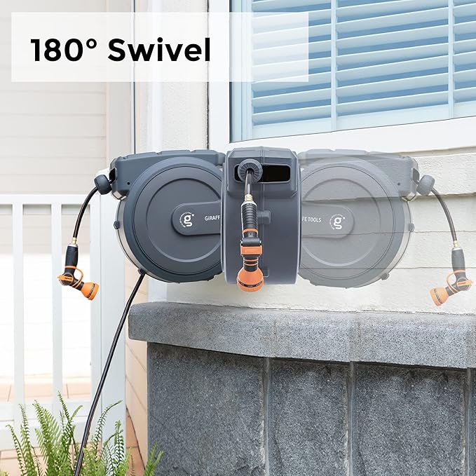Giraffe Tools Metal Retractable Hose Reel 130 FT Wall Mounted Heavy Duty Hose Reel with 9 Pattern Nozzle 180 Deg Swivel, Metal Bracket Any Length Lock (1/2 130FT PRO, Dark Grey)